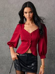 Poéselle 女士优雅纯色泡泡袖荷叶边衬衫，酒红色衬衫， - 酒紅色 - 查看 2