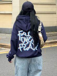 Muchica 休闲简约“Faith Over Fear”涂鸦字母印花街头服饰图案超大厚连帽衫，冬季女款 - 藏蓝色 - 查看 3