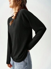 Bohemela Vacation Solid Color Knit Crew Neck Raglan Long Sleeve Loose Fit Maxi Tee For Women - Black - View 3