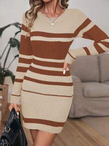 SHEIN LUNE Women's Colorblock Ribbed Knit Casual Round Neck Long Sleeve Sweater Dress