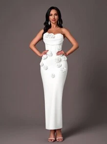 Glamrae Elegante vestido de noche de cóctel con diseño de flor 3D, cuello de volantes sin tirantes y escote de tipo ballena
