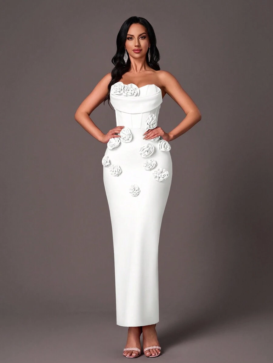Glamrae Elegante vestido de noche de cóctel con diseño de flor 3D, cuello de volantes sin tirantes y escote de tipo ballena