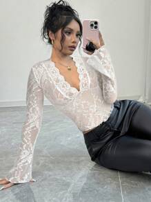 Firerie Women's Black V-Neck Lace Patchwork Flare Sleeve Lace Blouse