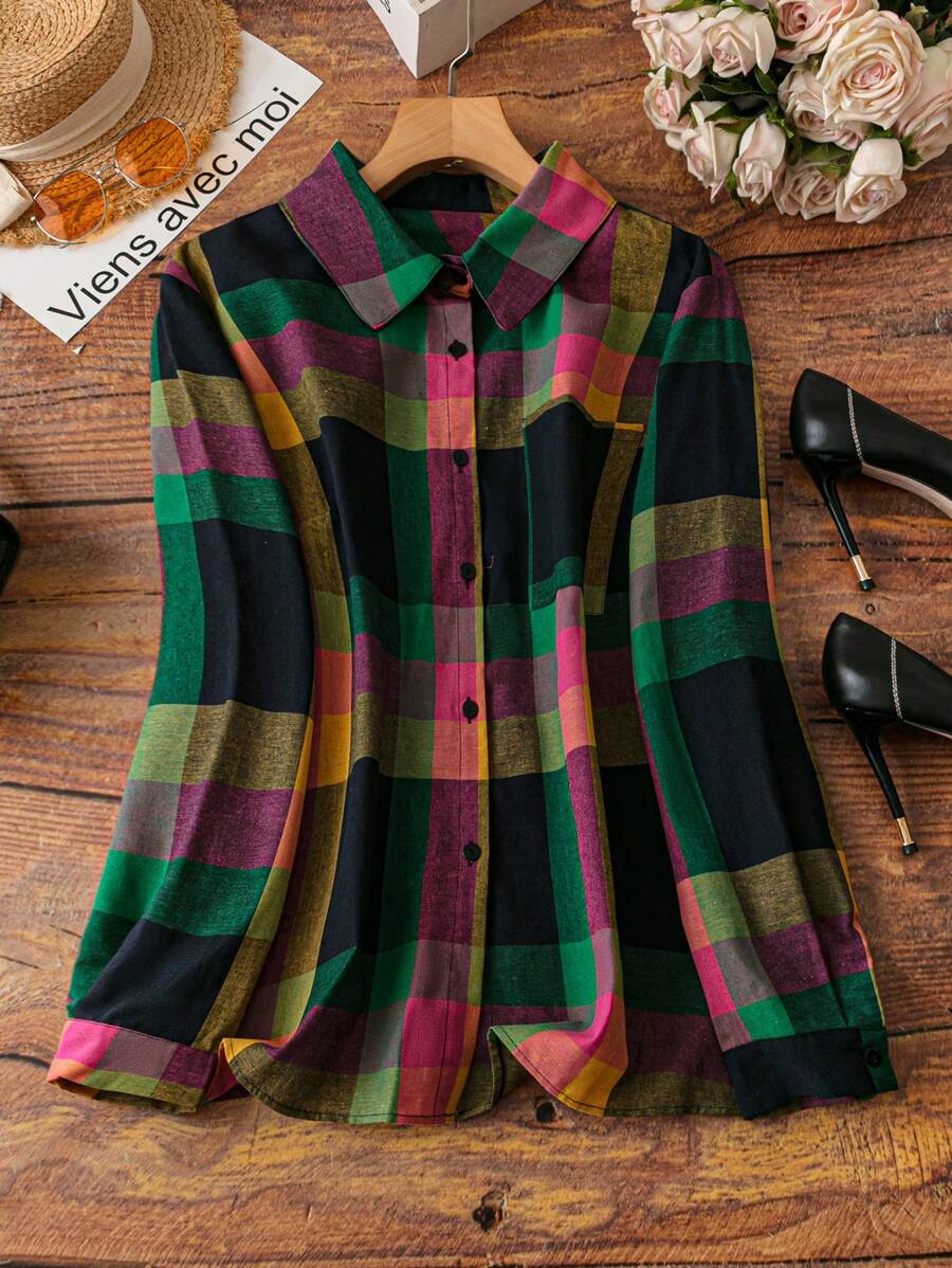 Linhara 大码前扣长袖格子休闲衬衫，日常穿着 - 黃色 - 查看 1