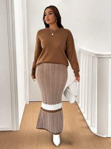 SHEIN Clasi Celure Plus Size Casual & Minimalist Solid Color Sweater With Contrast Color Split Hem Skirt Set, Autumn/Winter Fall Cloth For Women Party - Khaki - View 6