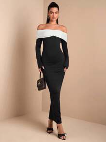 SHEIN BAE Elegant Winter Women Dress Black & White Contrast Twisted Off-Shoulder Long Flared Sleeve Bodycon Dress, Suitable For Formal Parties, Dates, Celebrations, Evenings Out - Black and White - View 4