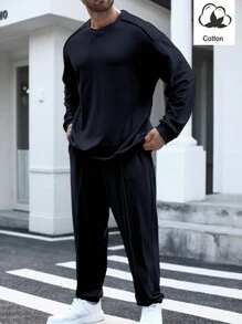 Manfinity Homme Conjunto de sudadera de cuello redondo de manga larga y pantalones deportivos de unicolor para hombre, para el otoño - azul real - Ver 1