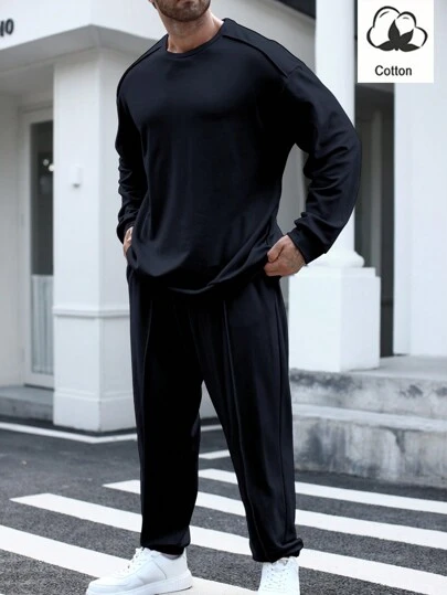 Manfinity Homme 男士纯色长袖圆领休闲运动衫和运动裤套装（秋季）