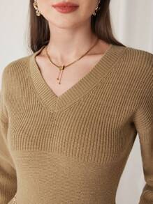 Modelyn Women's Solid Color V-Neck Elegant Long Sleeve Sweater Dress - Camel - View 2