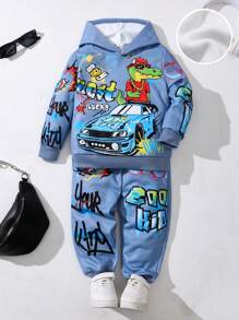 SHEIN 2pcs Young Boy Loose Fit Graphic Print Hoodie Sweatshirt And Pants Set
