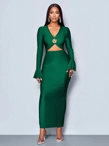 SOLERSUN Winter Clothes For Women Holiday Clothes Christmas New Years Green Color V Neck Openwork Cut Out Front Ruffle Long Sleeve Long Dress Maxi Women Outfit