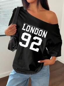 Flirla Women's Letter Print Off-Shoulder Short Sleeve Casual Loose T-Shirt Graphic Tees Women Tops - Black - View 4