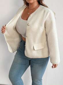 SHEIN CURVE+ Plus Size Women Casual Fluffy Short Jacket, Fashion Versatile Stylish Coat, White, Autumn/Winter