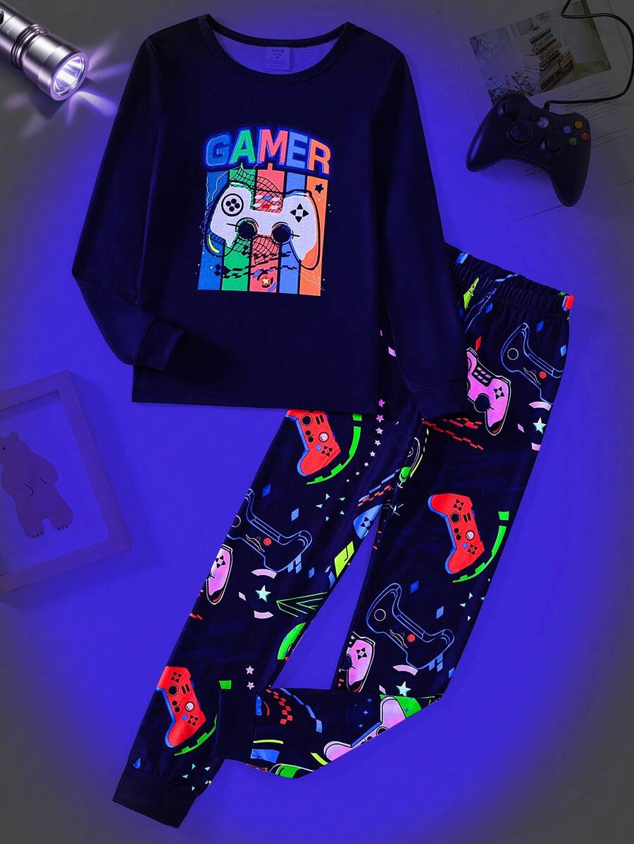 2pcs/Set Colorful Neon Gamer Graphic Print Boys Loungewear Set - Black - View 1