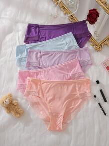 Teen Girl Plain Color Lace Patchwork Simple Briefs, Casual Everyday Wear , 5 Pcs - Multicolor - View 1