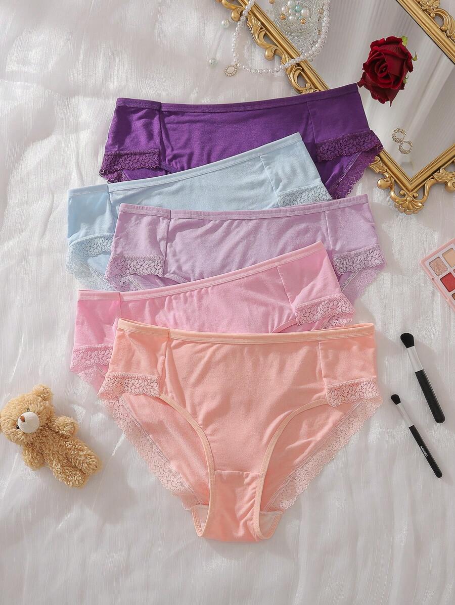 Teen Girl Plain Color Lace Patchwork Simple Briefs, Casual Everyday Wear , 5 Pcs - Multicolor - View 1