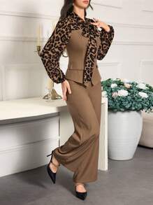 Modelyn Set de 2 piezas para mujer con top casual de manga larga con bolsillo y pantalón largo, diseño liso y parche con nudo delantero