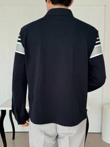 DAZY Áo thun polo nam tay dài kẻ sọc thường ngày đi làm, mùa thu - Màu xanh lam - Xem 2