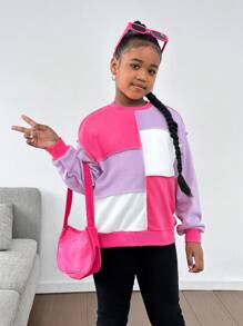 SHEIN Tween Girl Casual Colorblock Round Neck Loose Fit Long Sleeve Sweatshirt - Mauve Purple - View 4