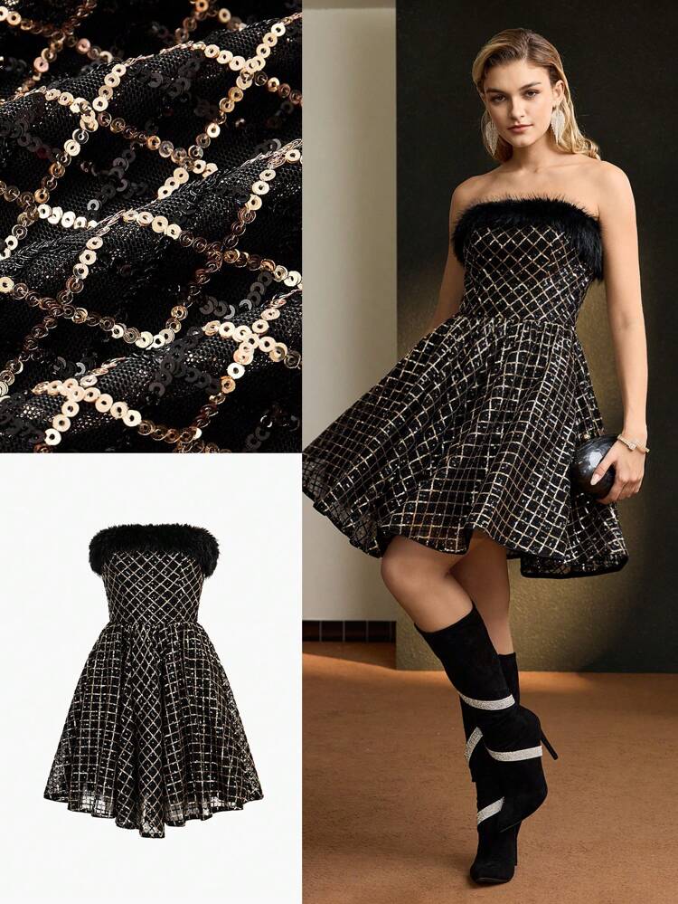 MOTF Soiréza SEQUIN MESH OVERLAY FUZZY TRIM FLARE HEM TUBE COCKTAIL DRESS