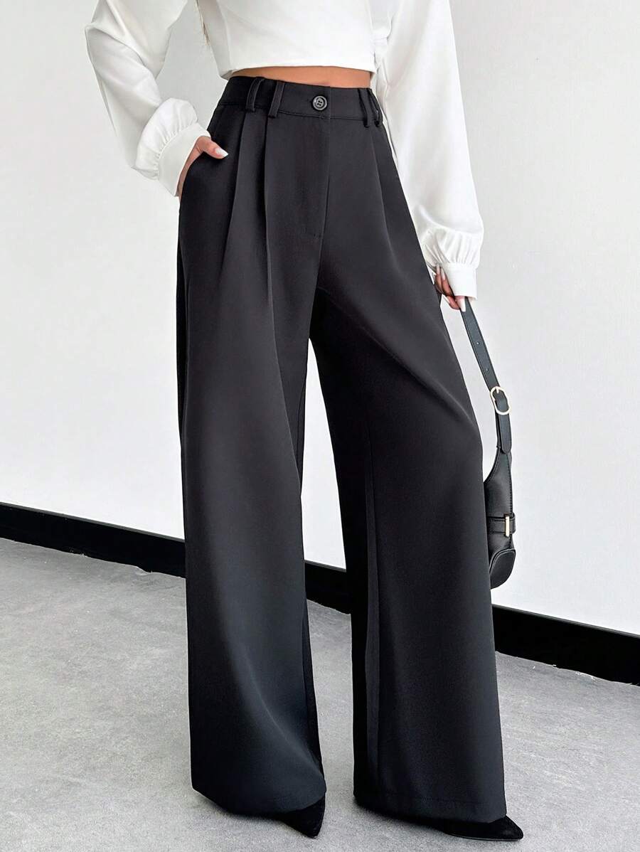 EURMUSE Solid Slant Pocket Wide Leg Suit Pants - Black - View 1