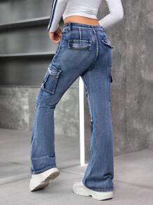 SHEIN 少女 Y2K 高腰翻盖口袋侧喇叭腿工装牛仔裤，春夏季时尚