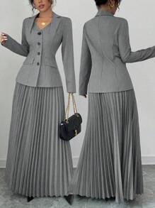 Elenzga Bộ vest thanh lịch dành cho nữ 2 món: Chân váy xếp ly mini và áo khoác blazer - Màu Xám nhạt - Xem 3