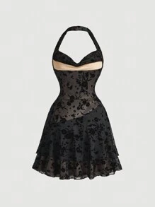 SHEIN MOD 黑色复古挂脖式女式连衣裙，秋冬装 - 杏色 - 查看 2