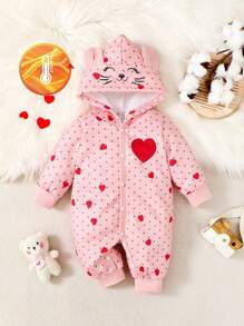女婴厚保暖内衬心形刺绣图案印花连帽长袖连体衣，可爱动物脸设计适合户外穿着，秋冬季 - 粉色 - 查看 1