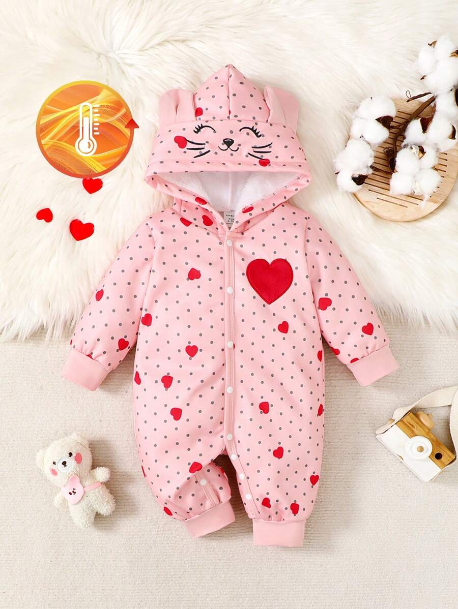 女婴厚保暖内衬心形刺绣图案印花连帽长袖连体衣，可爱动物脸设计适合户外穿着，秋冬季 - 粉色 - 查看 1