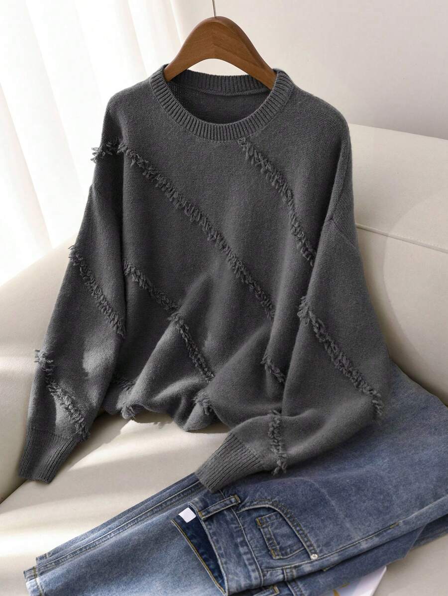 Plus Size Women's Crew Neck Loose Casual Comfortable Pullover Sweater With Side Fringe Design - Dark Grey - View 1