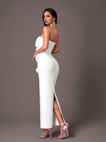 Glamrae Elegante vestido de noche de cóctel con diseño de flor 3D, cuello de volantes sin tirantes y escote de tipo ballena