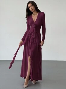 Aloruh New Elegant Ruffle Tie Decor 3D Flower Design Sexy Deep V Net Long Dress - Purple - View 1