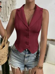 Firerie 女式纯色单排扣休闲背心夹克，秋季 - 酒紅色 - 查看 4