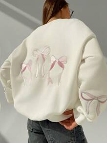 Aloruh 秋冬季女士超大白色蝴蝶结刺绣浪漫温暖内衬运动衫 - 白色 - 查看 9