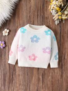 Baby Girls Cute Flower Pattern Crew Neck Long Sleeve Knit Sweater, Winter - Multicolor - View 1