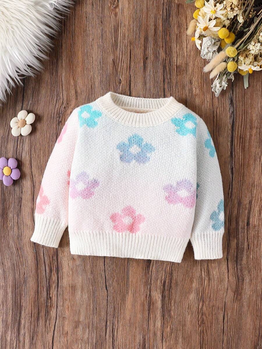 Baby Girls Cute Flower Pattern Crew Neck Long Sleeve Knit Sweater, Winter - Multicolor - View 1