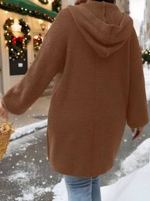 SHEIN LUNE Plus Size Women Solid Color Drop Shoulder Long Sleeve Pocket Casual Hoodie Cardigan, Autumn/Winter - Coffee Brown - View 2