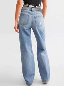 Women's Front Button Pocket Distressed Casual Denim Jeans - Light Wash - View 2