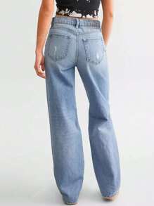 Women's Front Button Pocket Distressed Casual Denim Jeans
