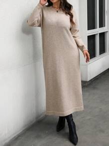 SHEIN LUNE Sukienka sweterkowa damska w jednolitym kolorze, z okrągłym dekoltem i długimi rękawami, w rozmiarze plus size, jesień/zima