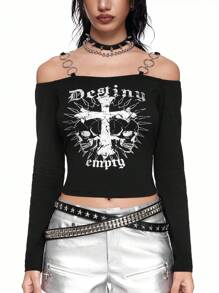 ROMWE Grunge Punk Y2K Sexy Skull & Cross Print Metallic Silver Graphic Cropped Off Shoulder Hooded T-Shirt - Black - View 3