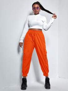 SHEIN EZwear 黑色加盖口袋抽绳工装裤 - 橘色 - 查看 3