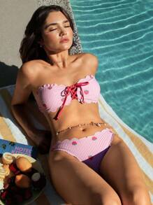 Swim Mod Vacation Beach Striped Strawberry Print Bikini Set Summer