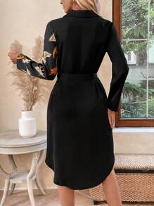 EMERY ROSE Vestido elegante de manga larga hasta la pantorrilla con botones en la parte delantera, cinturón y estampado floral para mujer