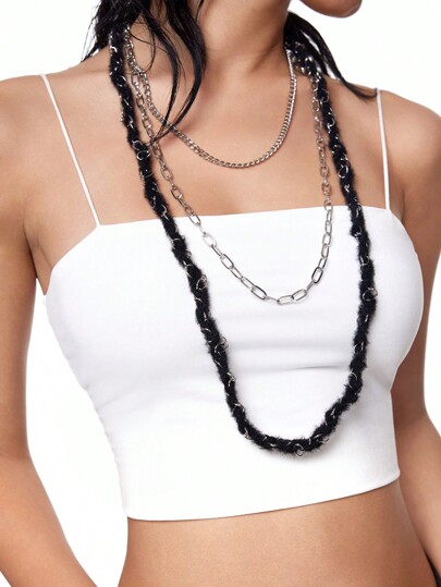 Grunge Punk 1pc European Style Punk Goth Hollow Silver Tone Multi-Layer Chain And Black Fuzzy Rope Necklace For Women, Suitable For Daily Wear And Holiday Gift, Halloween