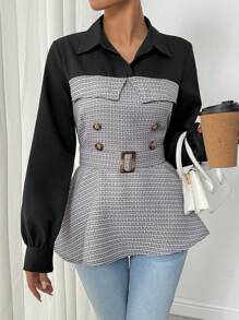 Calvaya Women's Casual Splice Shirt Collar Button-Up Cinched Waist Waist Long Sleeve Shirt, Elegant For Office Work And Daily Wear