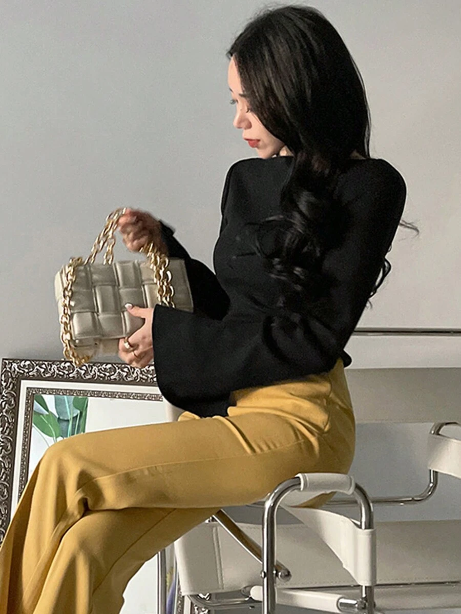 DAZY Damen Schwarz Breit Gestreifter Bootausschnitt Trompetenärmel Figurbetonte Pullover, Frühling/Herbst, Herbst Damenbekleidung