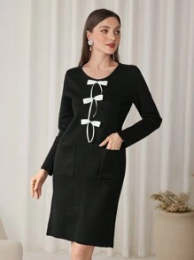Modelyn 女士撞色蝴蝶结装饰口袋长袖休闲毛衣连衣裙 - 黑色 - 查看 1