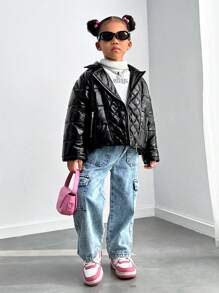 SHEIN Áo khoác Biker trẻ em gái có đệm màu đen thời trang đường phố, phù hợp cho mùa thu đông, ấm áp và thoải mái - màu đen - Xem 3